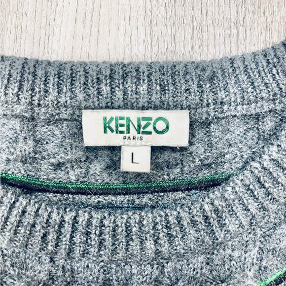 Kenzo Paris Embroidered Logo Tiger Gray Wool Cable Knit Sweater - Picture 4 of 8